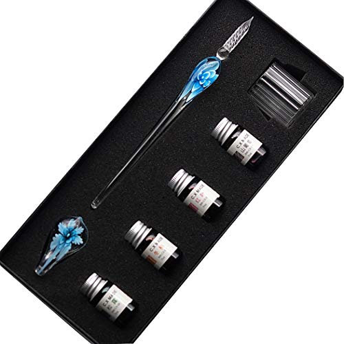 SIPLIV Handgefertigter Kristall Glas Intarsia Dip Füllfederhalter Set Kalligraphie Signaturen Stift mit 4 Farben Tinte, Stifthalter, Reinigungsbecher, Hellblau