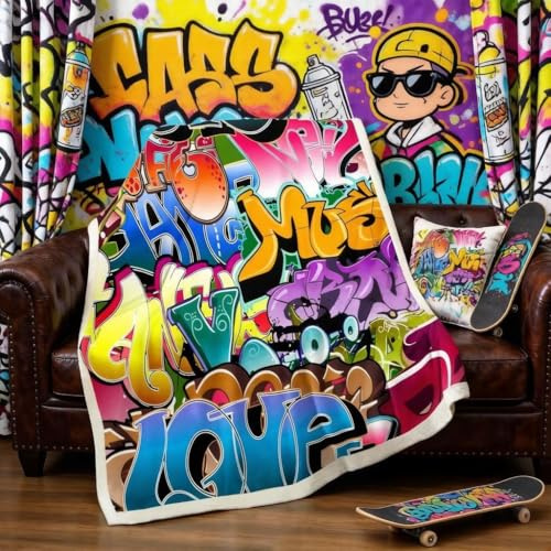 Bunte Graffiti-Sherpa-Decke, Hip-Hop-Fleece-Überwurfdecke für Kinder, Jungen, Teenager, Straßenkultur, Plüschdecke, Wand-Graffiti-Kunst, flauschige Decke für Sofa, Bett, Doppelbett, 152.4 x 200.7 cm