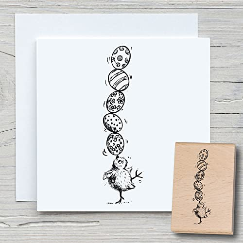 NEWSTAMPS Stempel Küken mit Ostereiern Motivstempel groß aus Holz & Gummi zum Karten und Geschenke basteln, Holzstempel für Osterkarte, Osterhase, Scrapbook, Textilstempel, Deko, Kinder