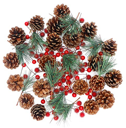Christmas Wreath Making Supplies, 130PCS Artificial Pine Tree Branches Artificial Pine Cone Red Holly Berries for Xmas Tree Decoration Fall Winter Christmas Party DIY Crafts