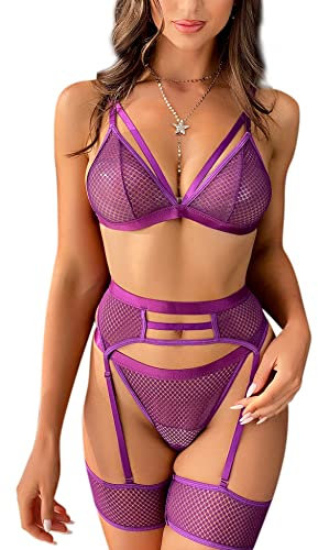 Aranmei Intimo Donne Sexy 4 Pezzi Lingerie Set con Reggicalze e Bretella Strappy Mesh Bra e Mutandine Set Vita Alta Erotico Pizzo Teddy Lingerie, Viola Scuro, L