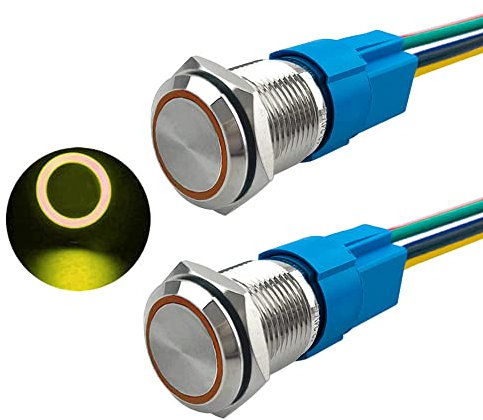 Aiqeer 2 Stück 16 mm Momentan Druckschalter, 12V / 24V 5A Auto Zündung Starter Schalter, IP67 Wasserdichter Edelstahl Druckschalter, mit Vorverdrahteter Steckdose (Gelb LED)