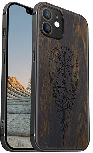Carveit Magnetisch Hülle für iPhone 12 [Elegante Schwarzholz] [Weich TPU Stoßstange] Stoßfeste Handyhülle Kompatibel mit 12 Magsafe Hülle Holz （Wikingerkompass Vegvisir）