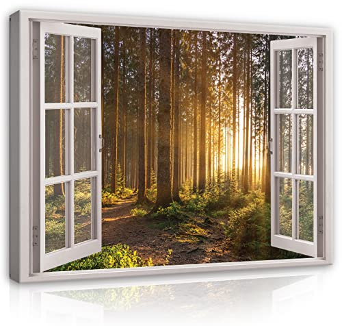 WallArena Leinwand Bilder - Fensterbilck Wald Sonne Natur Landschaft - 100x75 cm Leinwandbilder Bild auf leinwand Wandbild XXL groß Wandbilder für Wohnzimmer Schlafzimmer Wohnzimmerbilder Modern