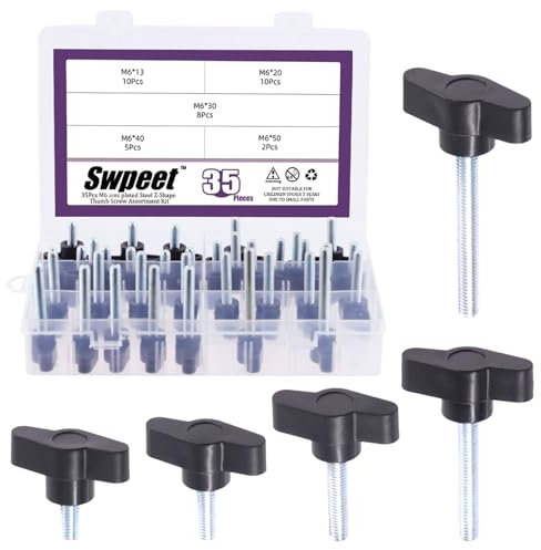 Swpeet 35Pcs 5 Sizes M6 Zinc Plated Thumb Screw Three Prong Clamping Black Tee Wing Plastic Knob Kit, Standard Coarse Thread Thumb Screw for Quick Remove Screws Clamping Screws