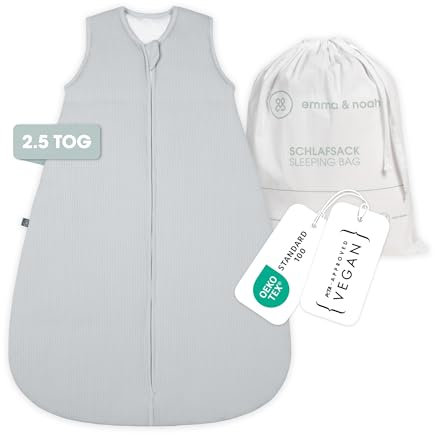 emma & noah Baby Schlafsack 2.5 TOG, Strampelsack für den Herbst und Winter in vielen Farben, Bio-Baumwolle, OEKO-TEX Zertifiziert, Schlafsack für Neugeborene (Essential Grau, 60 cm)