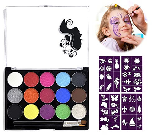 1 Kinder-Make-up-Set (15 Farben); kommt mit Make-up-Pinsel und Mustervorlage, professionelle Make-up-Farben, waschbar, Gesichts- und Körper-Make-up; Verwendung für Karneval, Ostern, Halloween