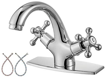 Aolemi Poliertes Chrom Badezimmer Waschbecken Wasserhahn Doppelter Kreuzgriff Mischbatterie Warm- und Kaltwasser für Waschtisch Einloch Deckmontage mit Abdeckplatte ohne Pop-Up-Abfluss