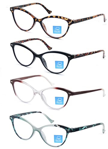 HEEYYOK 4Pack Reading Glasses for Women +1.00 Blue Light Blocking Cat Eye Ladies Readers Glsses Flexible Spring Hinge