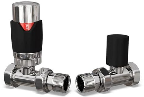 UK Radiators Black Thermostatic Radiator Valve and Straight Lockshield - Matt Black Finish - Classy and Modern Design 1/2 x 15mm Straight Radiator Valve