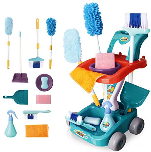 deAO Kids Cleaning Set 12 PCS Pretend Play Detachable Housekeeping Cart with Broom, Dust Pan, Spray Bottle Children House Cleaning Tools Toys, Kids Broom and Mop Set for Ages 3+, Blue