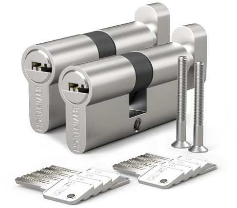 Bwintech 2 Pcs clé alike 40T/40MM euro cylindre de serrure en laiton, 80mm bouton/clé cylindre de serrure avec 10 touches en laiton horizontales, anti cueillette, finition nickel satiné