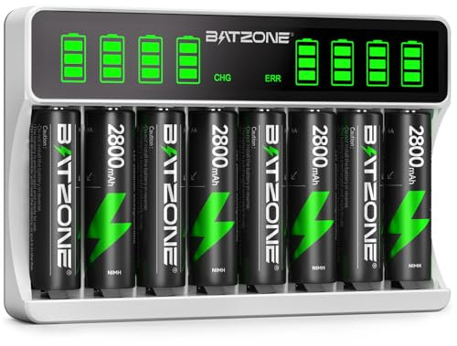 BATZONE 8 Bays Battery Charger with 8 x AA Batteries, Intelligent LCD Screen Battery Charger, for NI-MH/NI-CD Batteries, Individually Charger for AA AAA Rechargeable Batteries