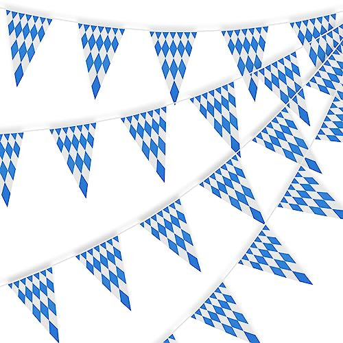 30 Meter/98,5 ft Oktoberfest Blau-Weiß Banner Dekorationen - Plastik Dreieck Bayerische Wimpelgirlanden mit 60 Wimpelfahnen für Zuhause, Balkon, Bars, deutsche Oktoberfest Partybedarf