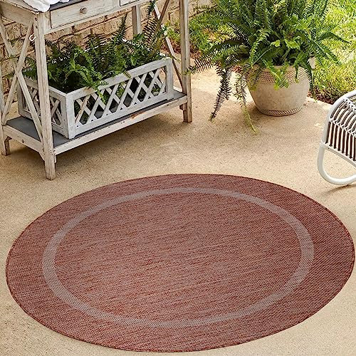 HomebyHome In & Outdoor Teppich Wetterfest Sisal Optik Rot 120 cm Rund - Balkon Teppich Wasserfest, Waschbar, Flachgewebe - Ideal für Küche, Camping, Garten und Terrasse