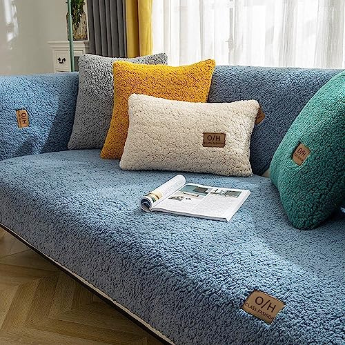 LINGKY Samt Sofabezug 1 2 3 4 Sitzer, L Form Sofaüberwurfe, Ecksofa Sofa überzug Pets Dog Couch überzug Anti-rutsch Sofaschutz, Ultra Weicher Sofaschoner (Blau,90x90cm/Quadrat)