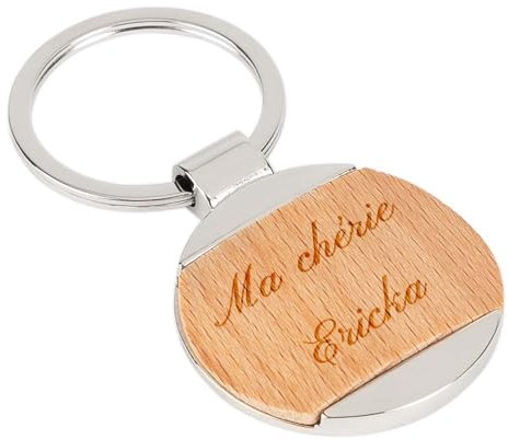Porte clef rond en bois et métal personnalisé gravé – Gravure texte sur porte-clés rond – Modèle en bois et métal argenté brillant