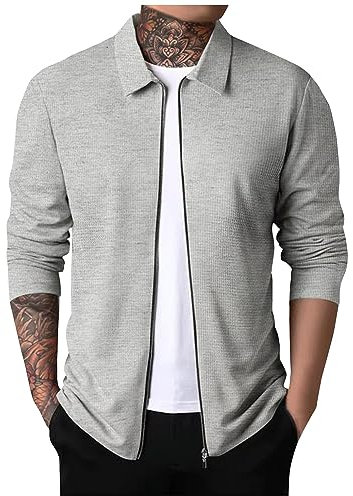 LUNULE Weiße Strickjacke Bodenlanger Mantel Army Jacke Herren Leichte Dünne Waffel Einfarbig Revers Sweatjacke Mit Reißverschluss Casual Slim Fit Cardigan Lang (Light Gray, XL)