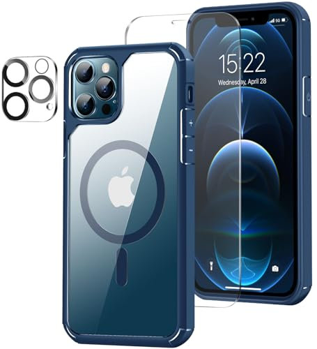 ZZDZZ Magnetica Cover Compatibile con iPhone 12/iPhone 12 Pro con Protezione Fotocamera e Pellicola Temperato, Custodia Sottile Protezione Antiurto (Blu)