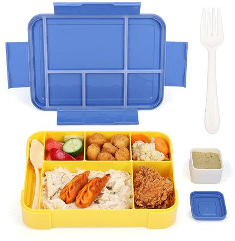BELLE VOUS Fiambrera Bento Azul con 6 Compartimentos - 1330 ml - Caja Almuerzo Hermética - Apta para Microondas y Lavavajillas - Fiambrera con Cubiertos - Libre de BPA - Escuela, Oficina, Viajes