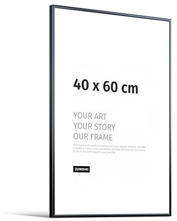 JUNOMI® Bilderrahmen 40x60 cm - Aluminium Metall Schwarz Matt - Schmaler Rahmen mit bruchsicherem Acrylglas - Moderner Posterrahmen für Fotos und Bilder im Hoch- & Querformat