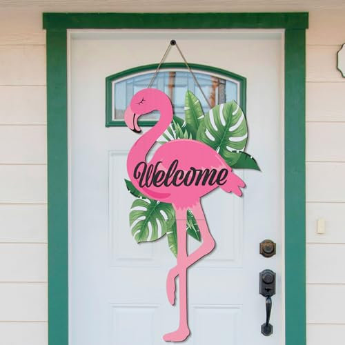 Menkxi Panneau de porte de bienvenue flamant rose de 69,1 cm de haut, grand art mural sur le thème hawaïen d'été à suspendre pour décoration de maison de ferme, de vacances