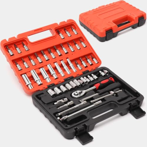 STAKMANN Set Valigetta Chiavi a Cricchetto Strumenti Riparazione 53 Pezzi da Lavoro, Chiave a Tubo Professionale con Attrezzi Manico Ergonomico Ideale Meccanico, Operai Edili, Bricolage Fai da Te