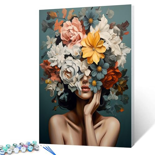 Walarky Malen nach Zahlen für Erwachsene, DIY Blumen Mädchen Malen nach Zahlen für Anfänger auf Leinwand, Blumen, Frauen, Ölgemälde, Kunsthandwerk für Heimdekoration, abstrakter Stil, moderne