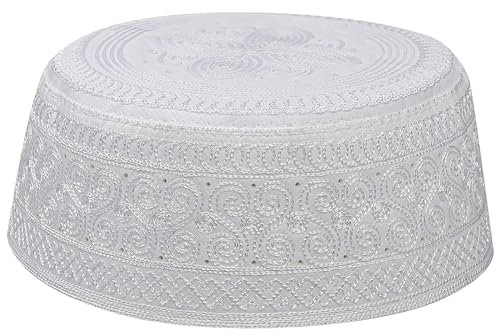 HIQIU Herren Muslimisch Islamischer Gebet Kufi Hut Arabisch Indianerhut Beanie Kappe Stickerei Flacher Gebetshut (DE/NL/SE/PL, Numerisch, 56, 58, Weiß)