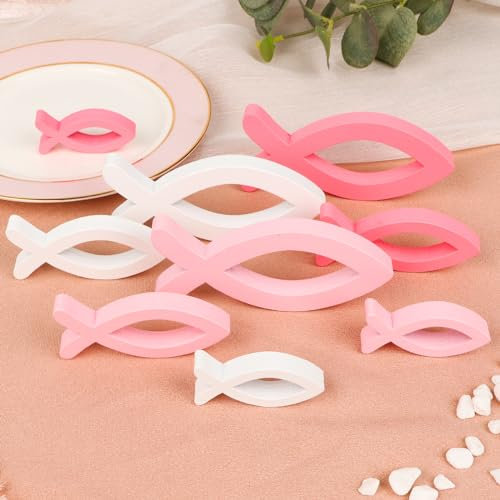 BETESSIN Holzfische Kommunion - 9er Set Jesus-Fisch Tischdeko in 3 Größen - Fische Deko für Taufe, Kommunion, Konfirmation, Firmung uvm. - Rosa, Pink und Weiß