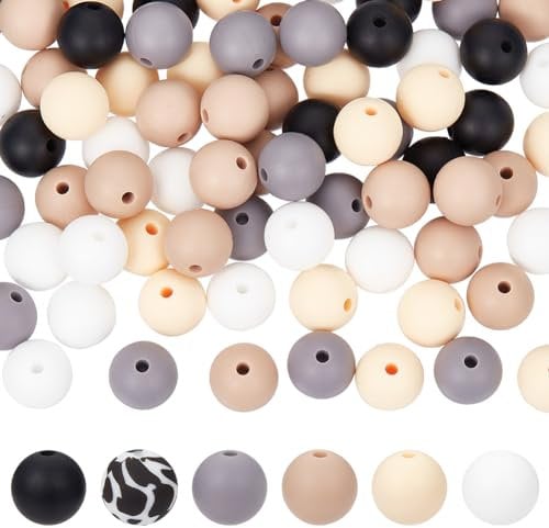 SUNNYCLUE 105Pcs 6 Colors 12mm Silicone Beads Bulk Round Silicone Bead Cow Black White Grey Food Grade Rubber Focal Loose Beads for DIY Craft Keychain Lanyard Beaded Pen Making Accessories Handmade