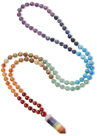 COAI Geschenkideen 108 Perlen Meditationskette aus 7 Chakren und Bunten Naturstein mit Hexagonal Anhänger Halskette für Damen