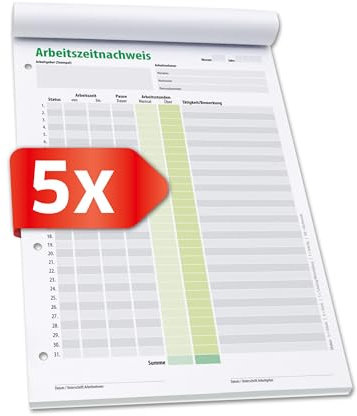PRIMUS PRINT – Arbeitszeitnachweis Schreibblock A4 – Monatliche Arbeitszeiterfassung für 31 Tage – Stundennachweis für Minijob und Vollzeit – 50 Blatt, am Kopf geleimt mit Rückenpappe [5 x Block]
