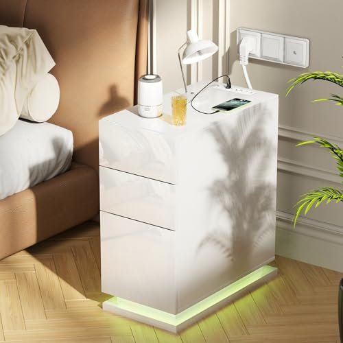 PIPIPOXER Nachttisch LED mit Steckdose & USB, Nachttisch Weiß Hochglanz mit 16 Farbe RGB Licht, Nachttisch Schmal mit 3 Schubladen Schmaler Kleiner Nachtschrank im Schlafzimmer, 50x30x63cm, Weiß