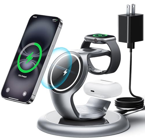 EXW 3 in 1 Mag-Safe Ladestation Kompatibel mit iPhone 16/15/14/13/12 Serie,Apple Watch 8/7/6/5/4/3/2/SE und AirPods 3/2/Pro((Mit 18W Stecker) (Schwarz)