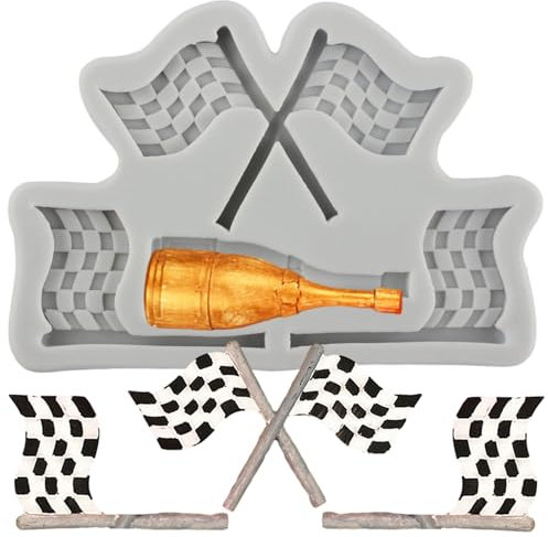 MINFEIDMS Racing Car Flag Silicone Moulds Champagne Bottle Fondant Chocolate Moulds for Sugar Cake Decorating Cupcake Topper Chocolate Gum Paste Candy Polymer Clay