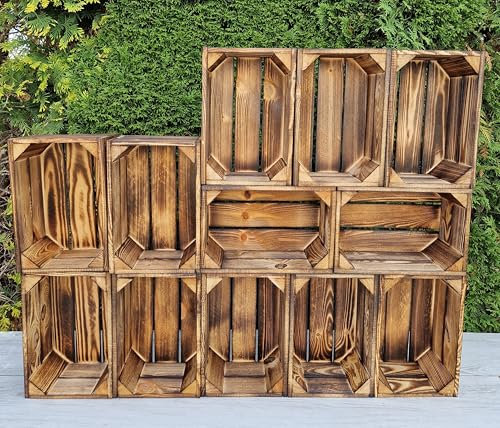 PYXIDAS Rustic Wooden Storage Crates – Durable Handmade Boxes for Home, Kitchen or Office – Decorative Organizer for Books, Plants, Shoes – Ready to Use (Burnt effect 12 Crates, 30x20x15)