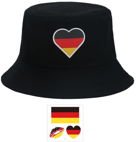 CWPFVQA 1 Fischerhut, 1 Gesichtsaufkleber, Mütze Für Deutsche Fans, Em-Deko-Mütze, Fußball-Em-Fans, Deutscher Deko-Fußball