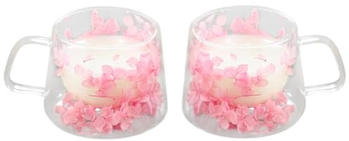 LeKuni Lot de 2 Tasses Double Paroi Avec Fleurs Séchées, 200ml Verre Double Paroi, Tasses À Expresso En Verre Transparent Pour Cappuccino, Expresso, Latte, Thé -Rose