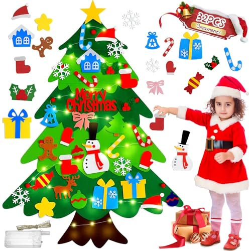 Filz Weihnachtsbaum für Kinder, 32 STK Abnehmbaren Ornamente, DIY Tannenbaum, Felt Christmas Tree Hängendes Deko mit LED Licht für Home Tür Wand Weihnachtsspiel (98x70cm)