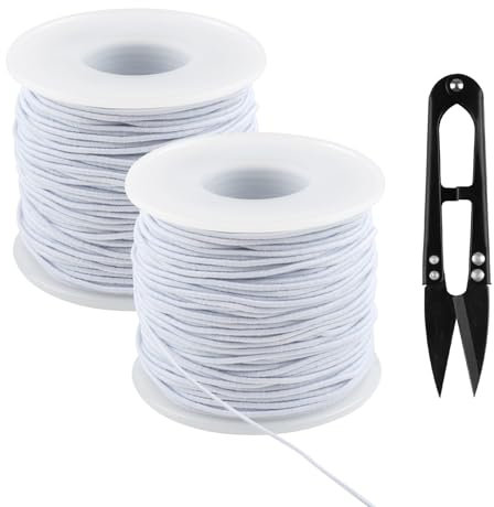 Gummiband für Armbänder, 2 Rollen Gummischnur 1 mm x 100 m, Gummikordel mit Schere, Perlenschnur Elastische Faden für DIY Handwerk Schmuckherstellung Armbänder Halsketten (Weiß)