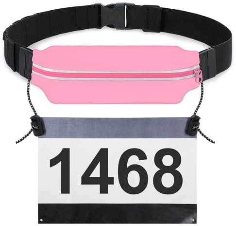 JasGood Triathlon Startnummernband Laufgürtel Sportgürtel Hüfttasche Verstellbar Laufgurt mit Nummernhalter 4 Gel-Halter Running Belt Bauchtasche Lauftasche für Joggen Marathon,Rosa,75cm