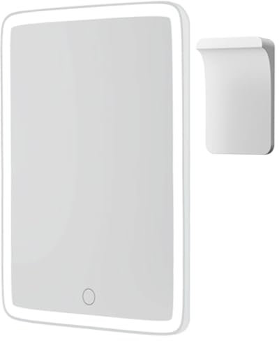 Mavoro Miroir de Voyage 17.5 x 22.5 cm LED Éclairé Rechargeable | Petit Miroir Mural Adhésif | Montage Mural Peel & Stick Éclairé | Vrai Verre avec Capteur Tactile | Miroir Coiffeuse avec Support
