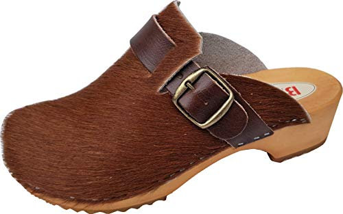 Unisex Schweden Holz Clogs - Pantolette Gr.34-35-36-37-38-39-40-41-42 *BRAUN* Echt Leder- Kuhfell (Braun, EU Schuhgrößensystem, Erwachsene, Damen, Numerisch, M, 37)
