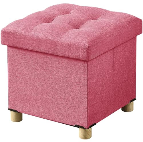 BRIAN & DANY Folding Ottoman Storage Box with Wood Legs, Linen Foot Stool, Footstool with Storage, Highly Elastic Sponge Filling, Hot Pink, 38 x 38 x 38 cm