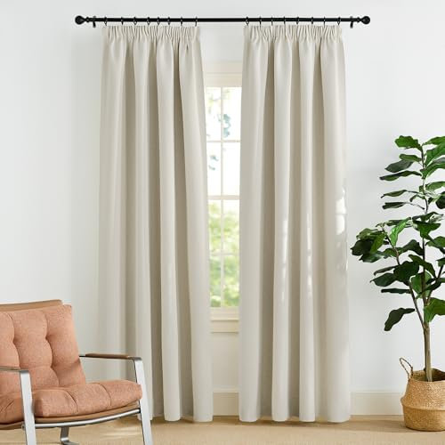 PONY DANCE Wärmeisolierende Vorhänge Wohnzimmer Beige Gardinen mit Kräuselband 2er Set H 220 x B 140 cm 60-75% Verdunkelungsvorhang für Schienen Thermogardinen Kälteschutz, Hellbeige