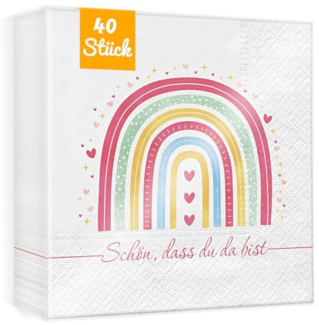 WenmthG Regenbogen Deko Servietten Kindergeburtstag Deko - 40 Stück Regenbogen Servietten für Taufe Kindergeburtstag Einschulung Mädchen Babyparty mit Spruch Schön dass du da bist - 33 x 33 cm