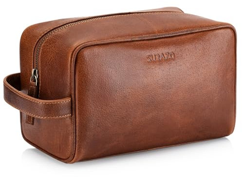 SURAZO Kulturtasche Herren Leder Groß - Echtleder Kulturbeutel Damen mit Fächern - Geräumige Kosmetiktasche Reise-Kulturtasche Waschtasche für Toilettenartikel & Reise (Hellbraun)