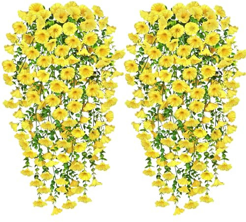 YSUVIN Fiori Finti da Esterno, 4 Pezzi Piante Finte da Esterno, Petunia Pianta Fnta Cadente, Fiori Artificiali Realistici Petunia Finti per Decorazioni Interno Balconi Giardino, Giallo