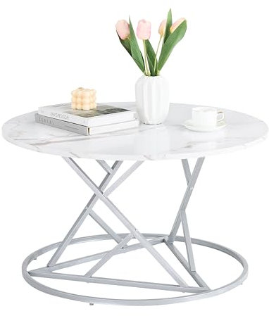 ZECIIYE Couchtisch Rund Modern,Wohnzimmertisch Marmor Optik,Runder Sofa Tisch mit Silberner Metallsockel,80 x 80 x 45 cm,Weiß & Silber